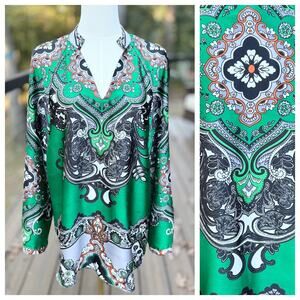Chico's Women's Paisley Print Tunic Silk Blouse Emerald Green Size M + SCARF